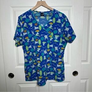 Zoe+Chloe Women’s Large Mock Wrap Print Scrub Top Pocket Toadally Charming Surf